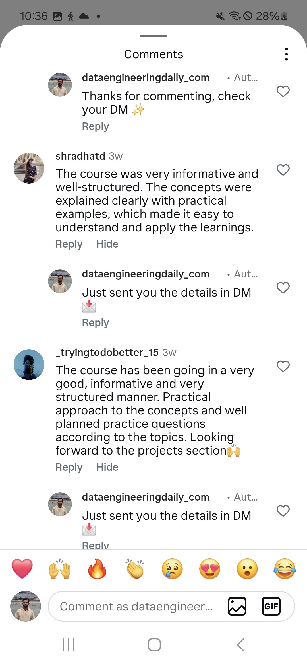 Public Instagram comments from students on @dataengineeringdaily_com