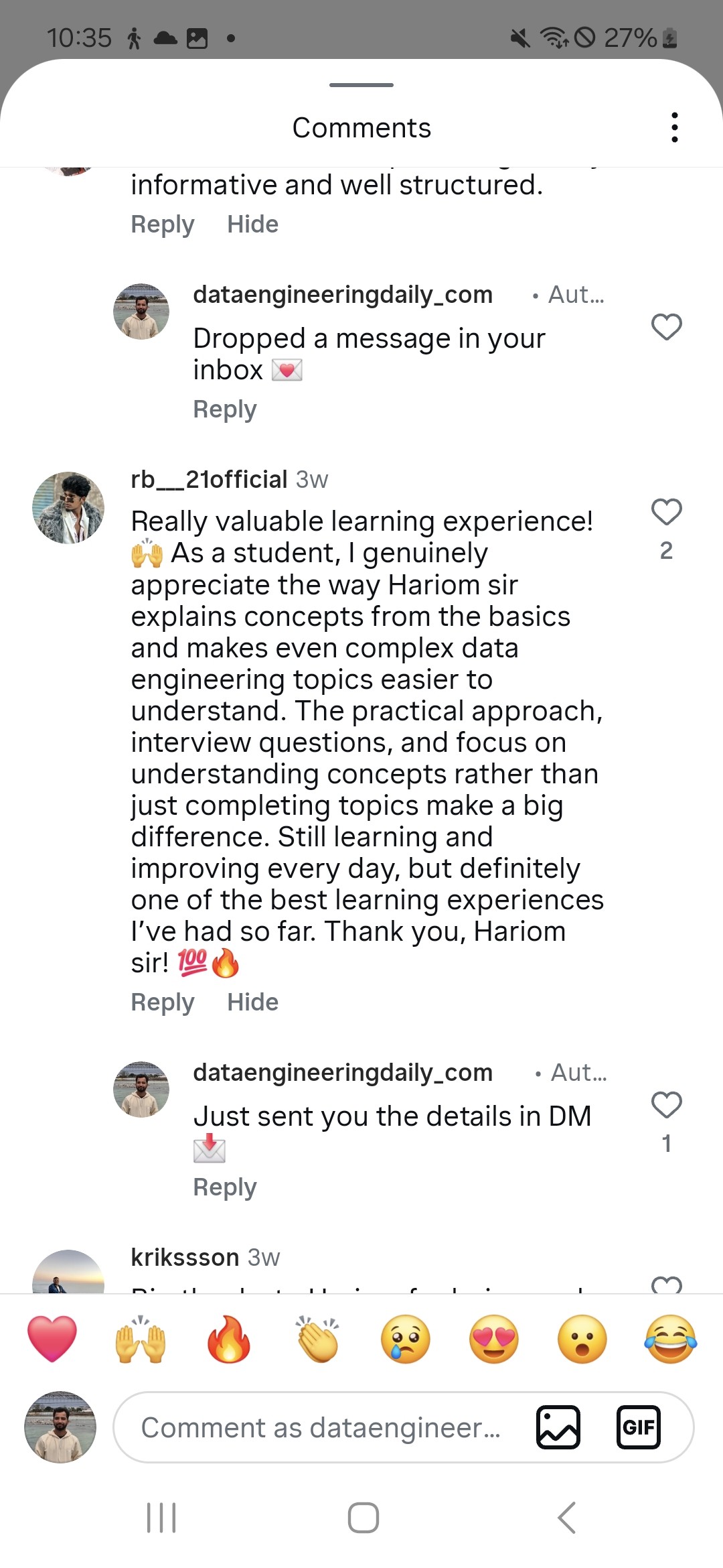 Public Instagram comments from students on @dataengineeringdaily_com