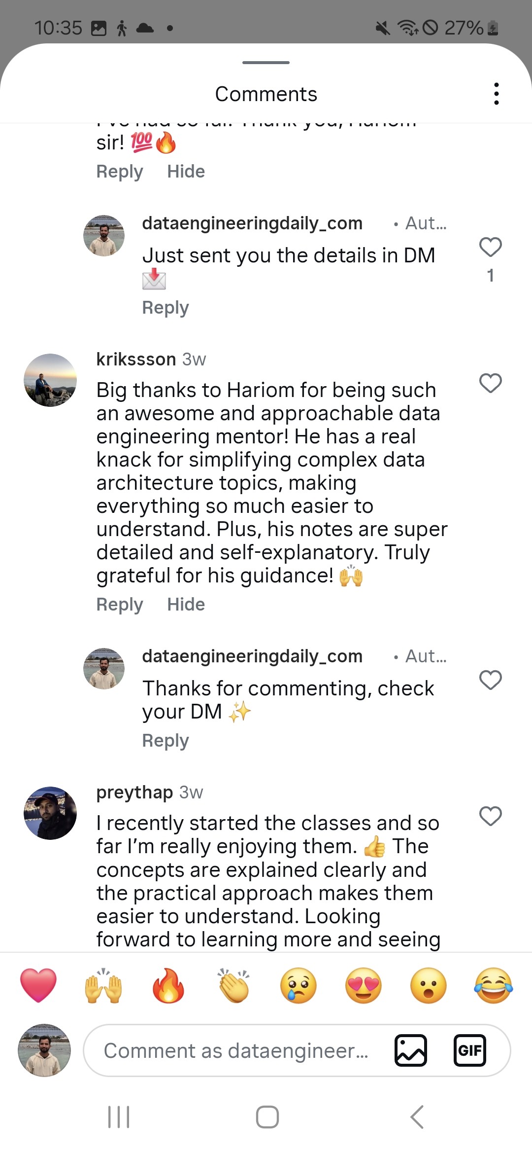 Public Instagram comments from students on @dataengineeringdaily_com