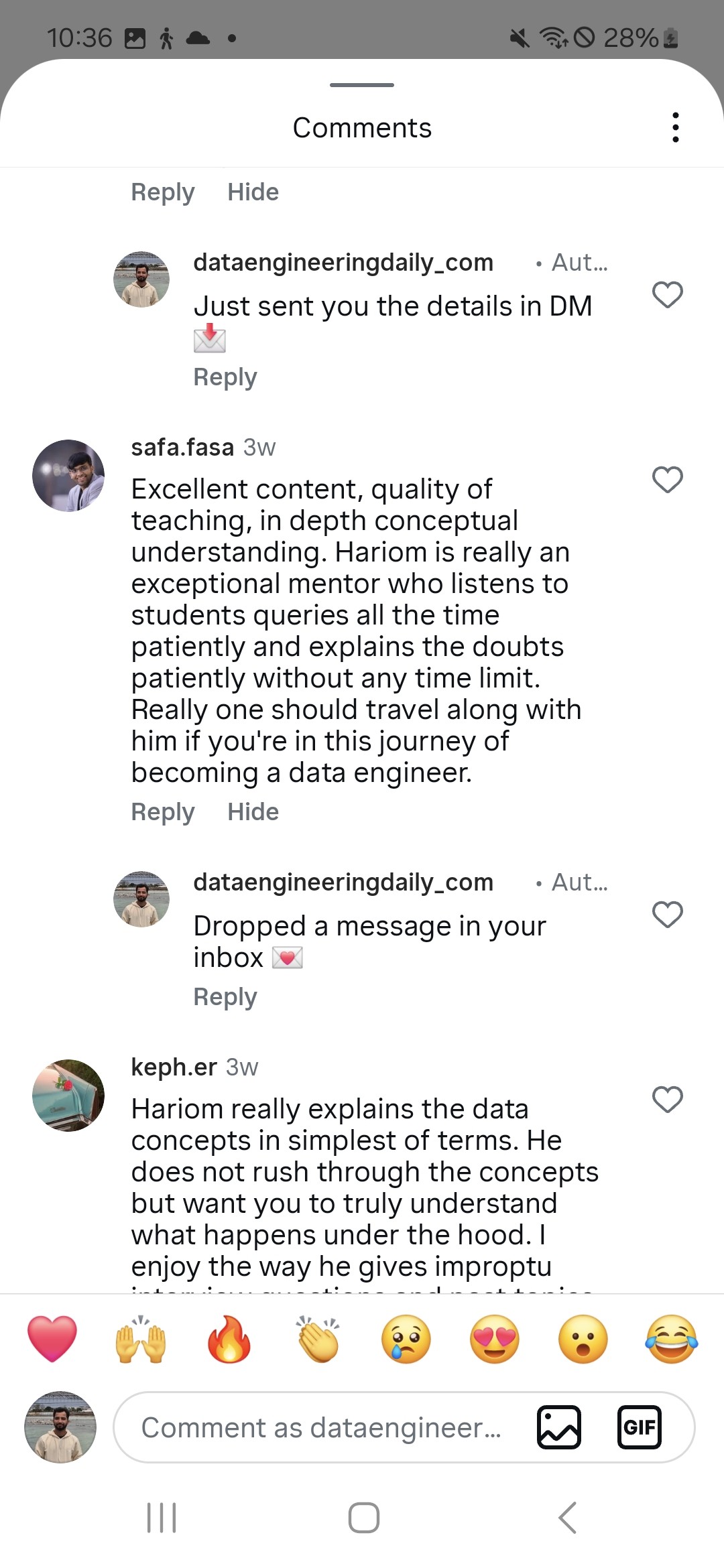 Public Instagram comments from students on @dataengineeringdaily_com