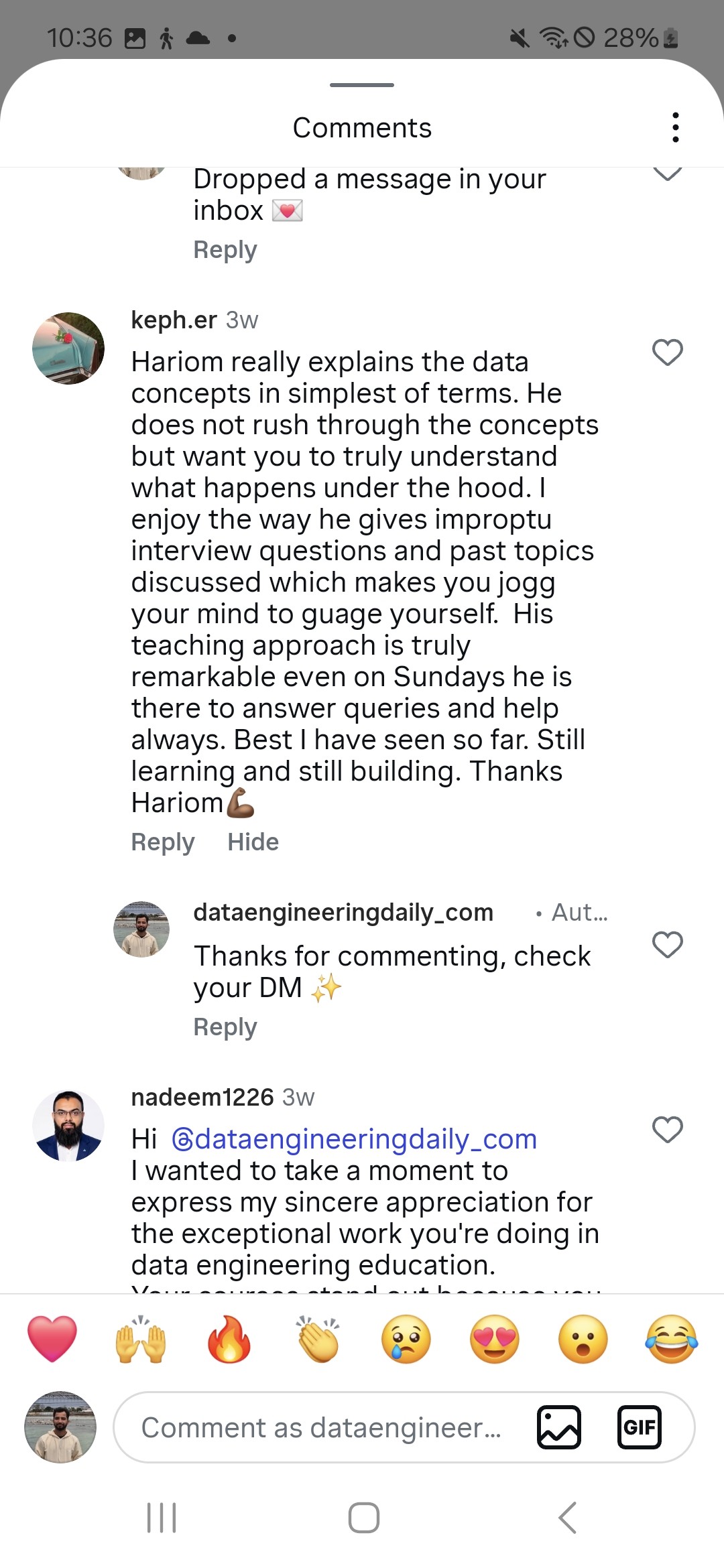 Public Instagram comments from students on @dataengineeringdaily_com