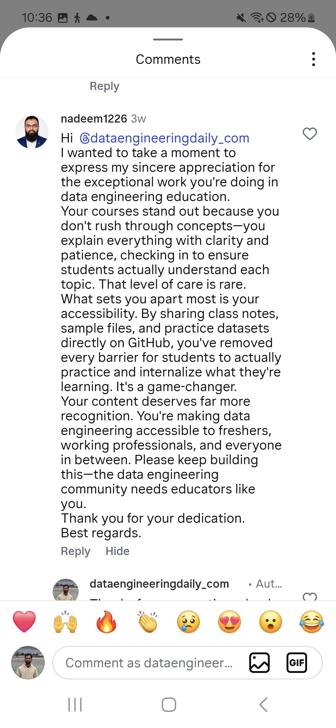 Public Instagram comments from students on @dataengineeringdaily_com
