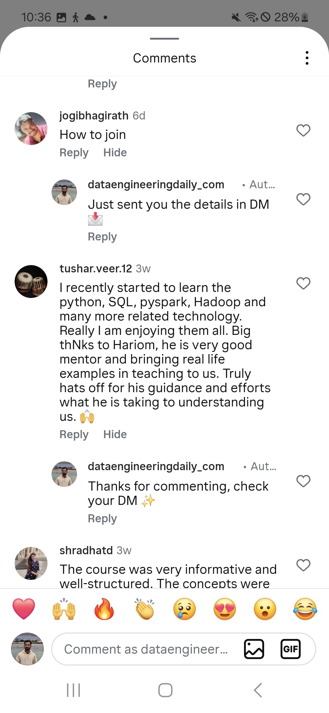 Public Instagram comments from students on @dataengineeringdaily_com