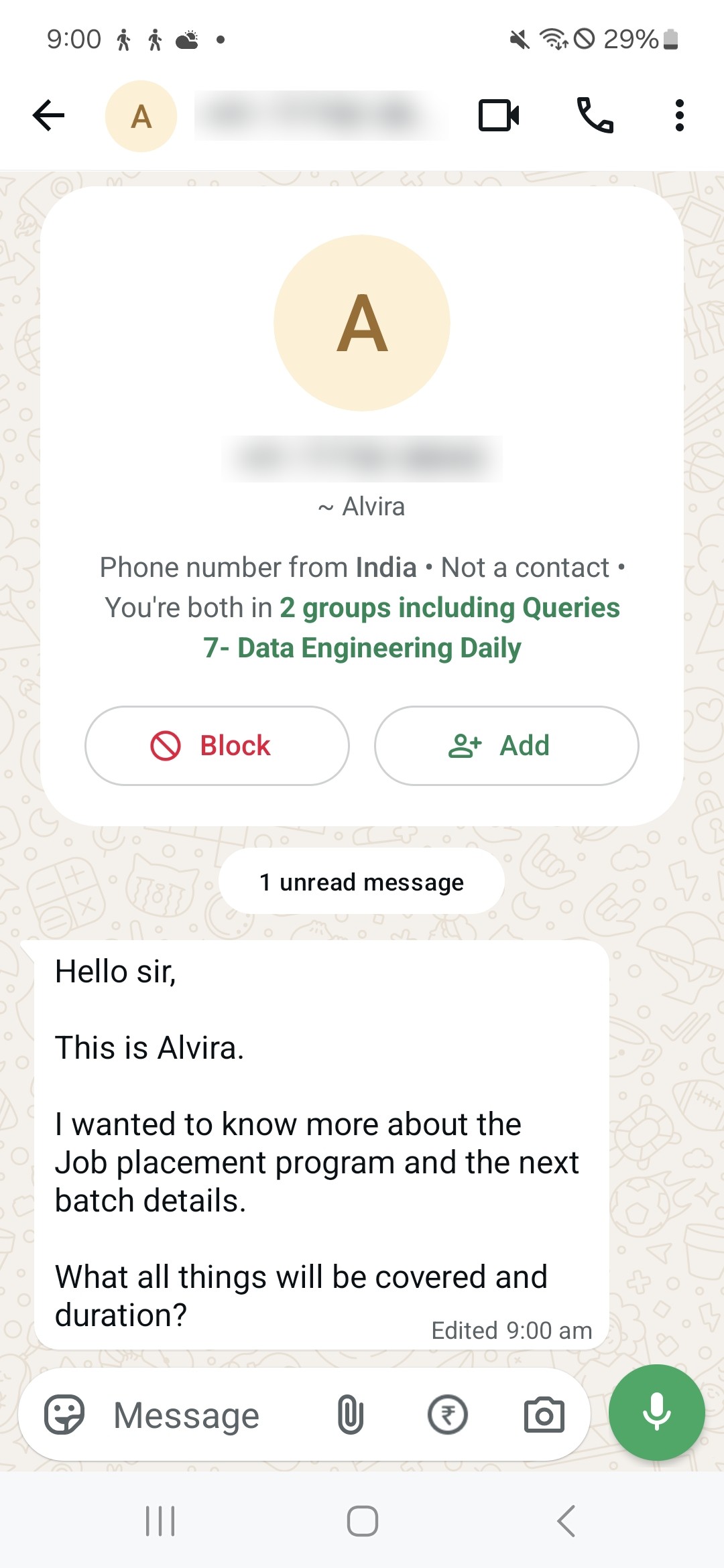 WhatsApp enquiry from a prospective student: Asking about next batch