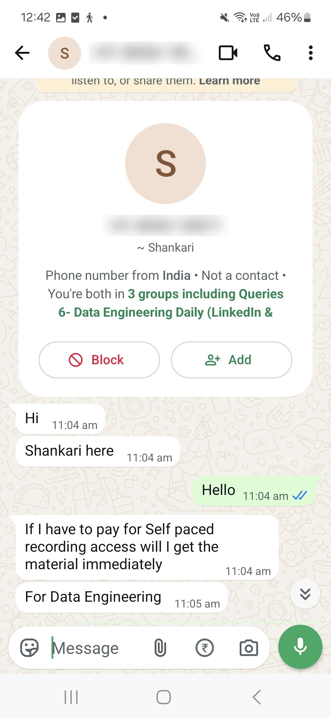 WhatsApp enquiry from a prospective student: Self-paced enquiry