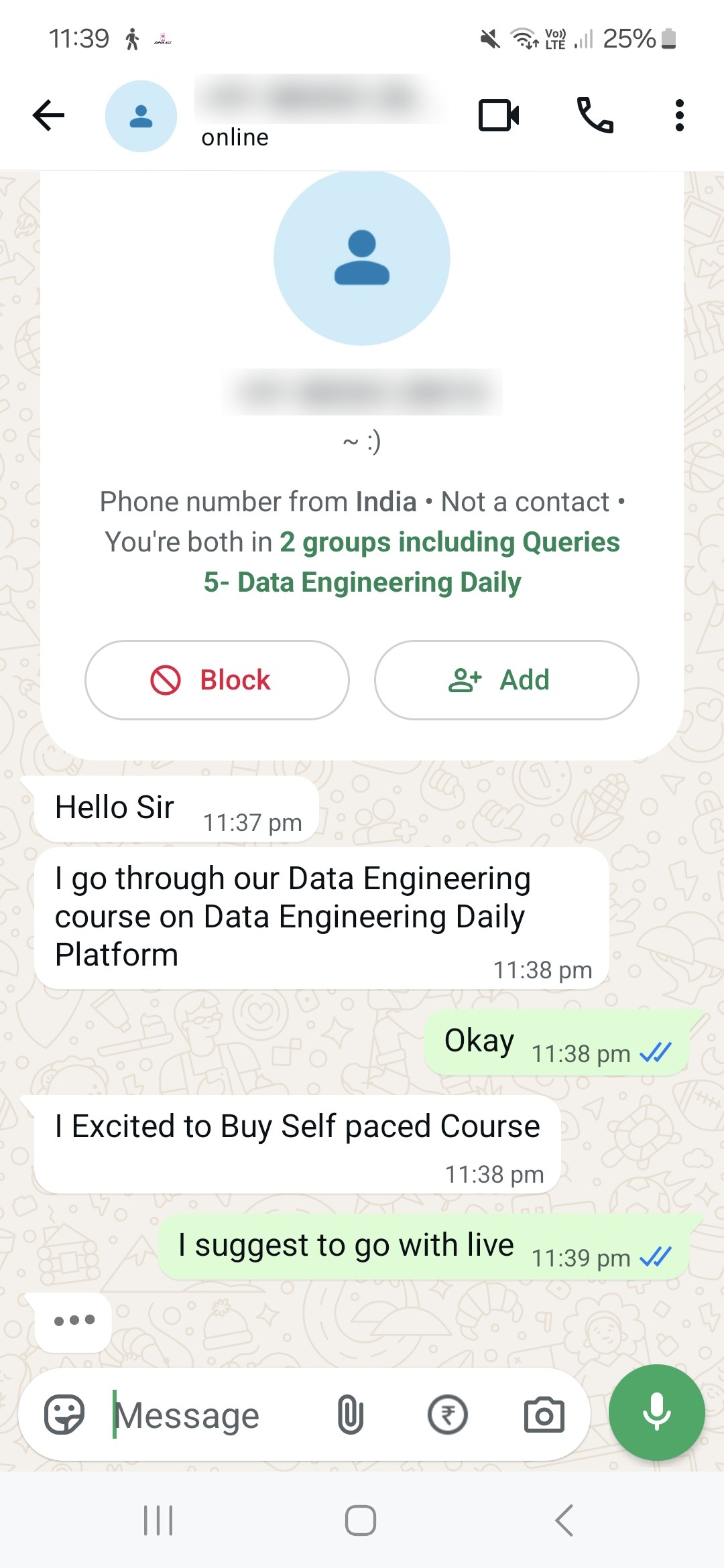 WhatsApp enquiry from a prospective student: Ready to buy