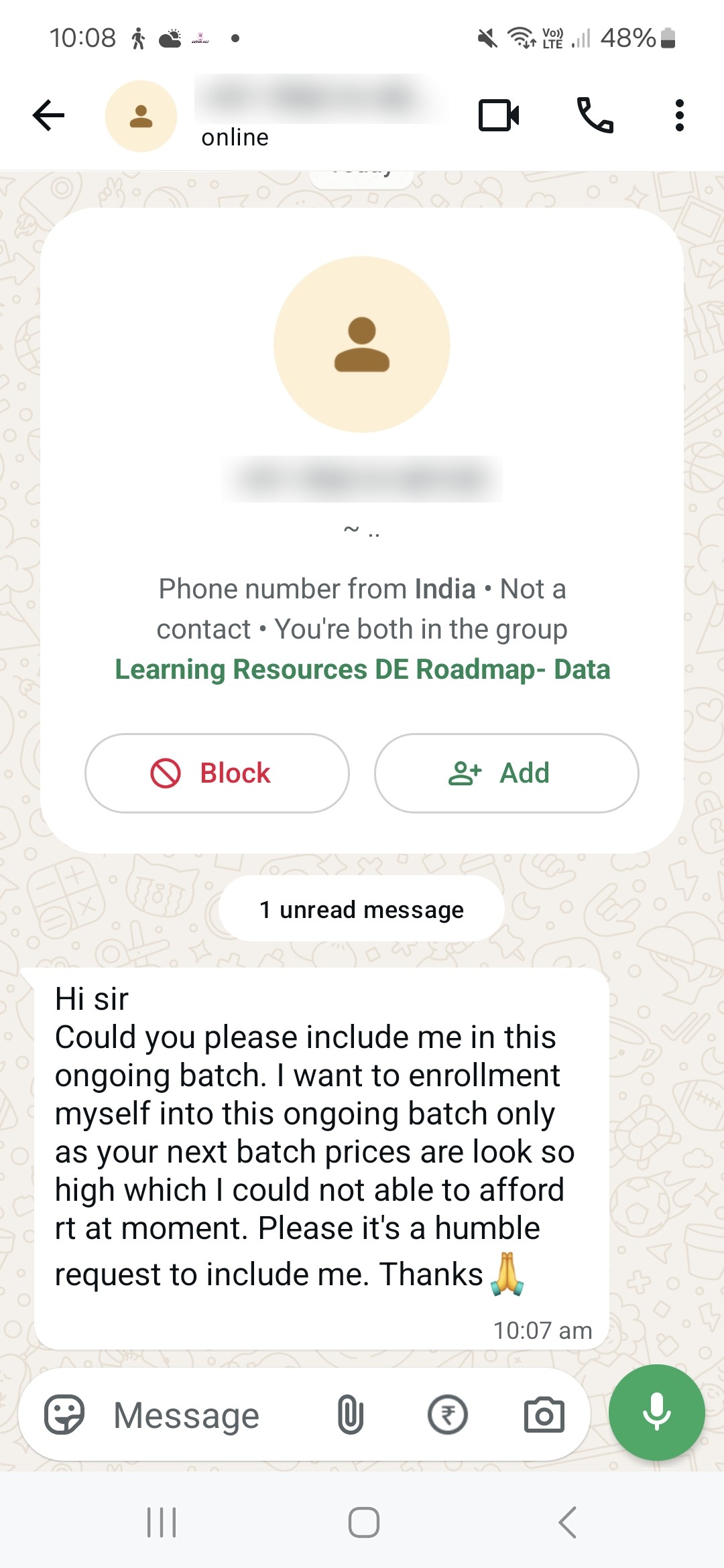 WhatsApp enquiry from a prospective student: Wants to join right now