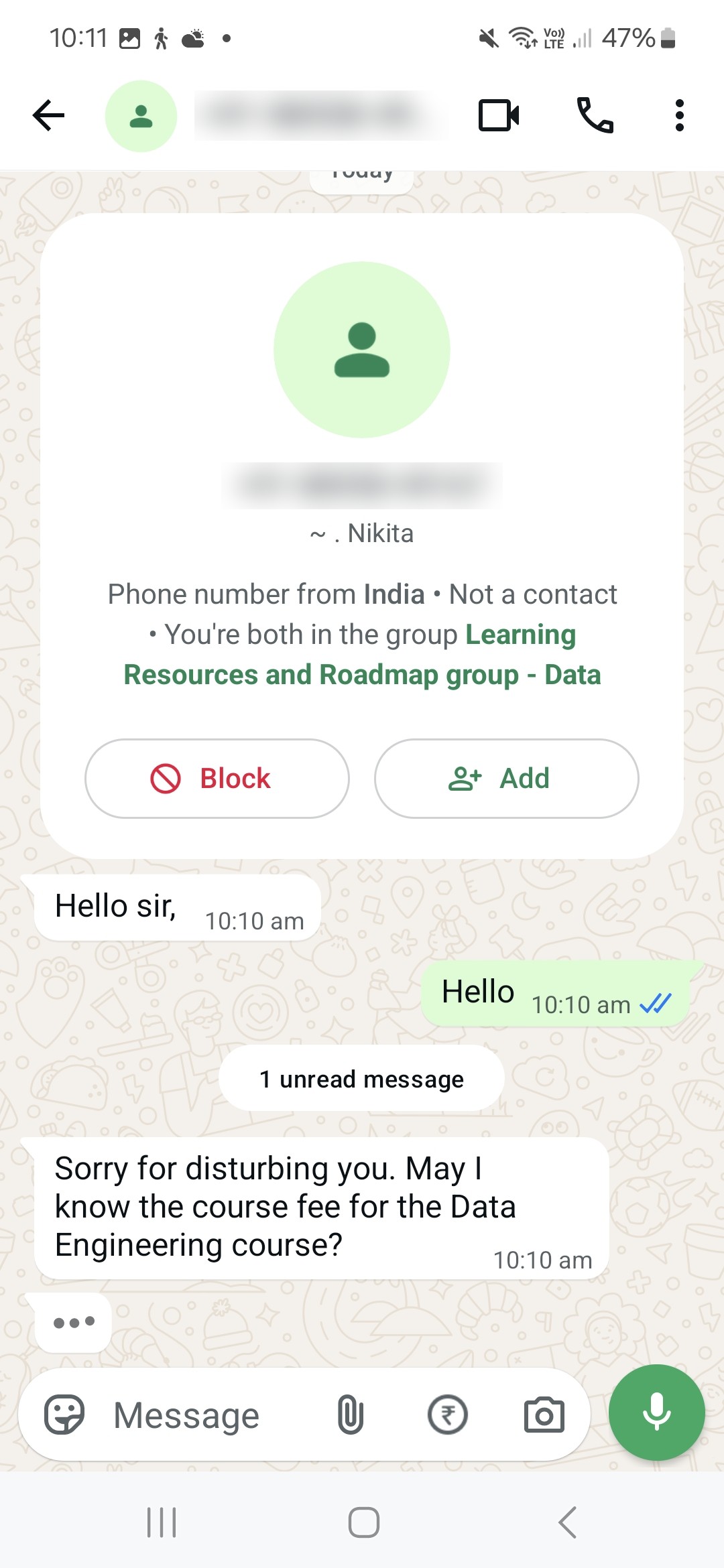 WhatsApp enquiry from a prospective student: Asking course fee