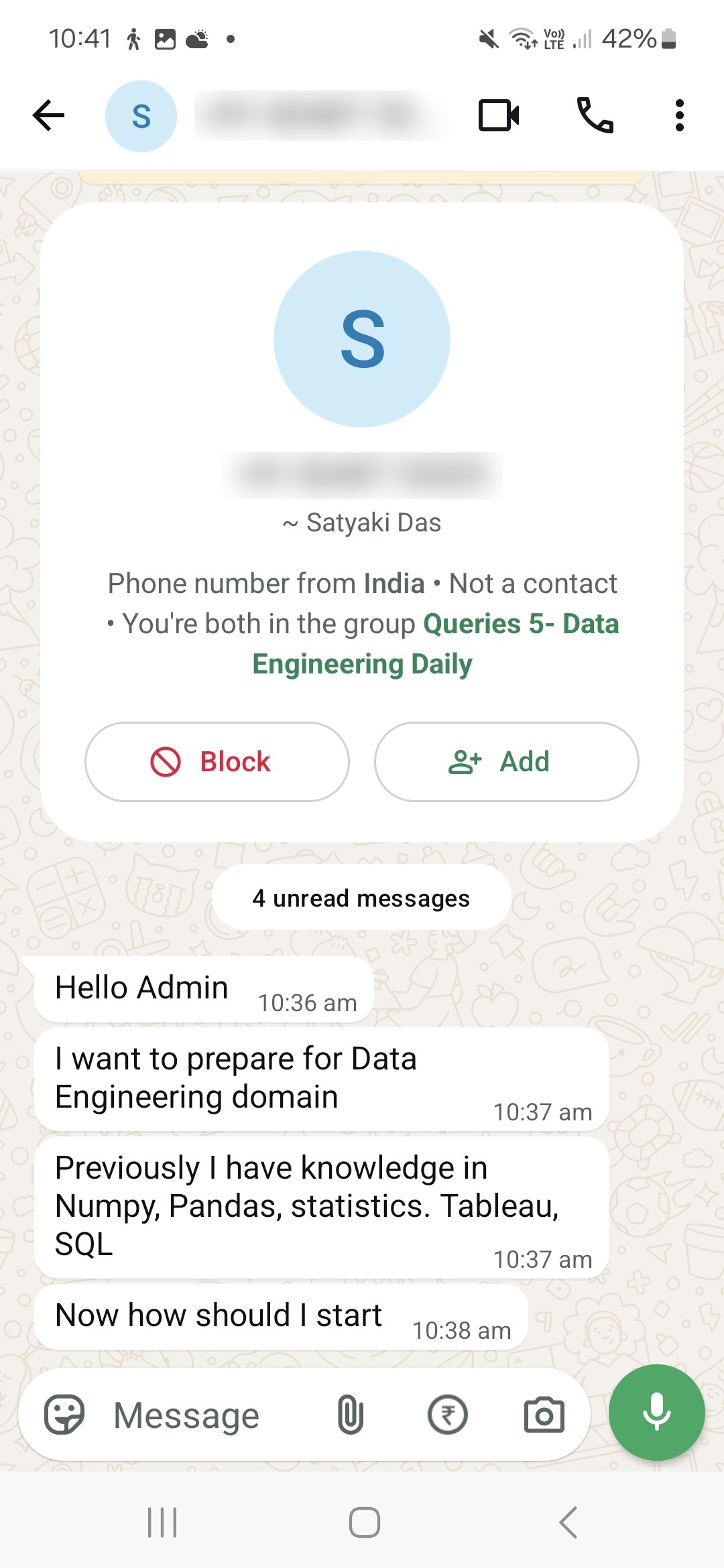 WhatsApp enquiry from a prospective student: Switching to DE