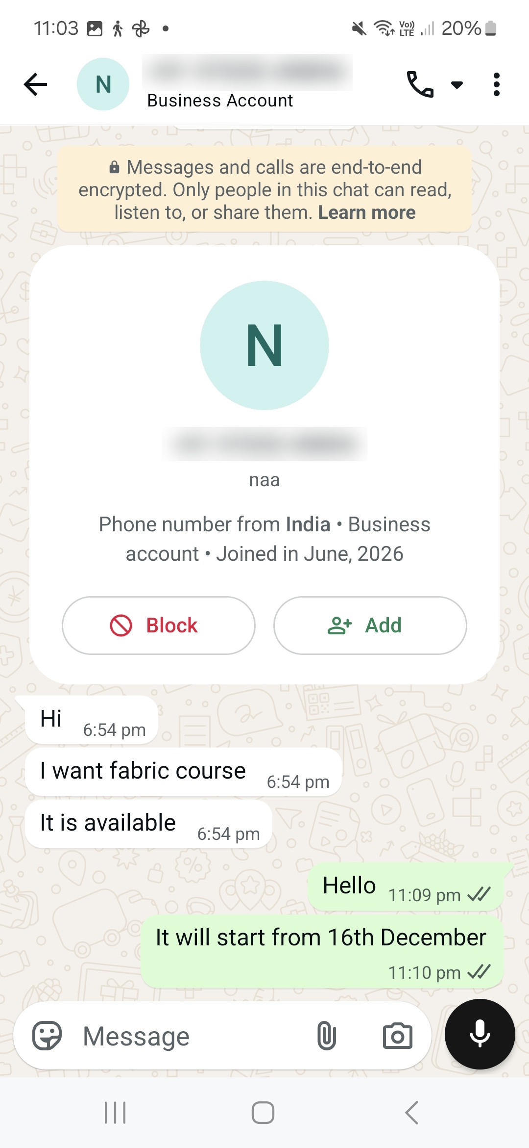 WhatsApp enquiry from a prospective student: Wants the Fabric course