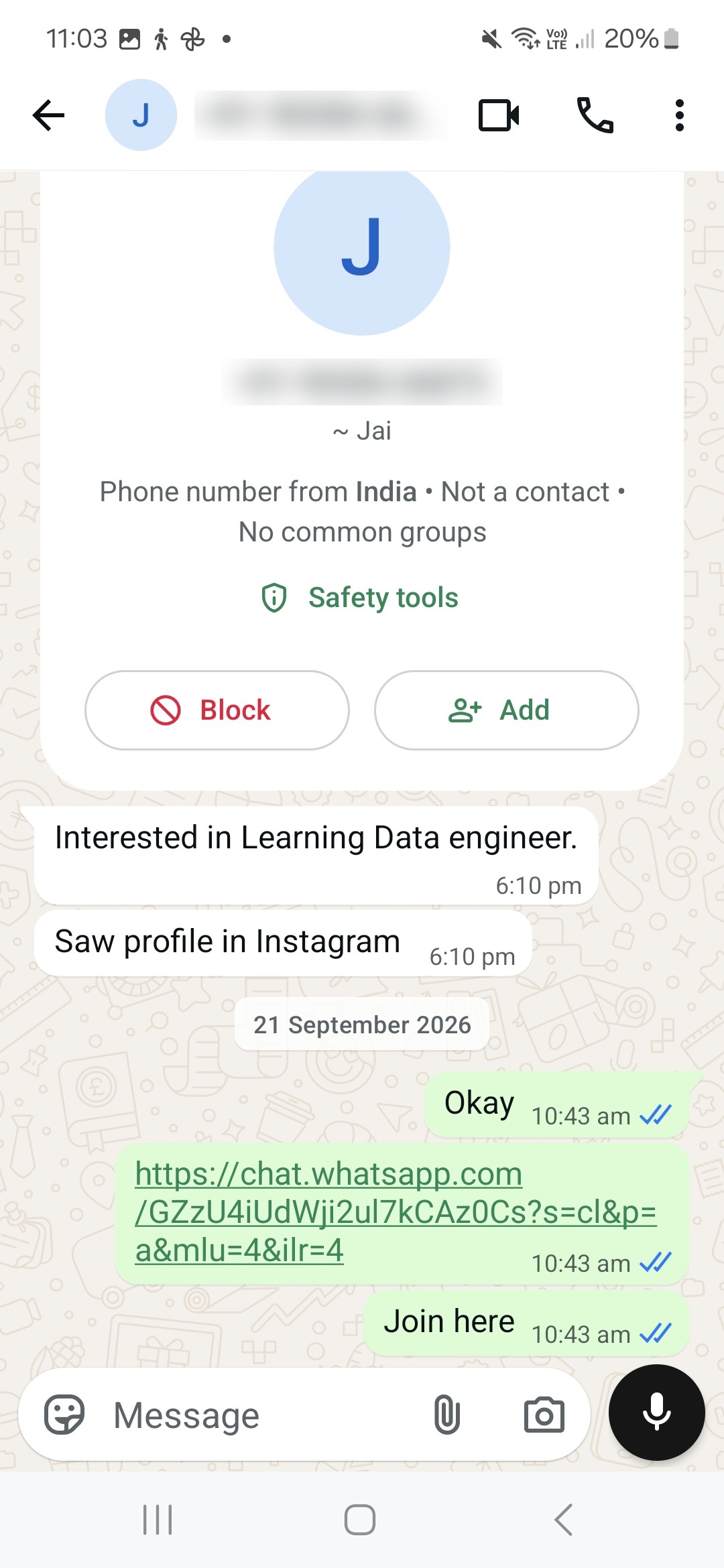 WhatsApp enquiry from a prospective student: Found us on Instagram