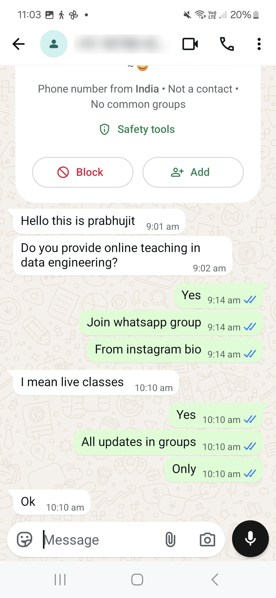 WhatsApp enquiry from a prospective student: Asking about live classes