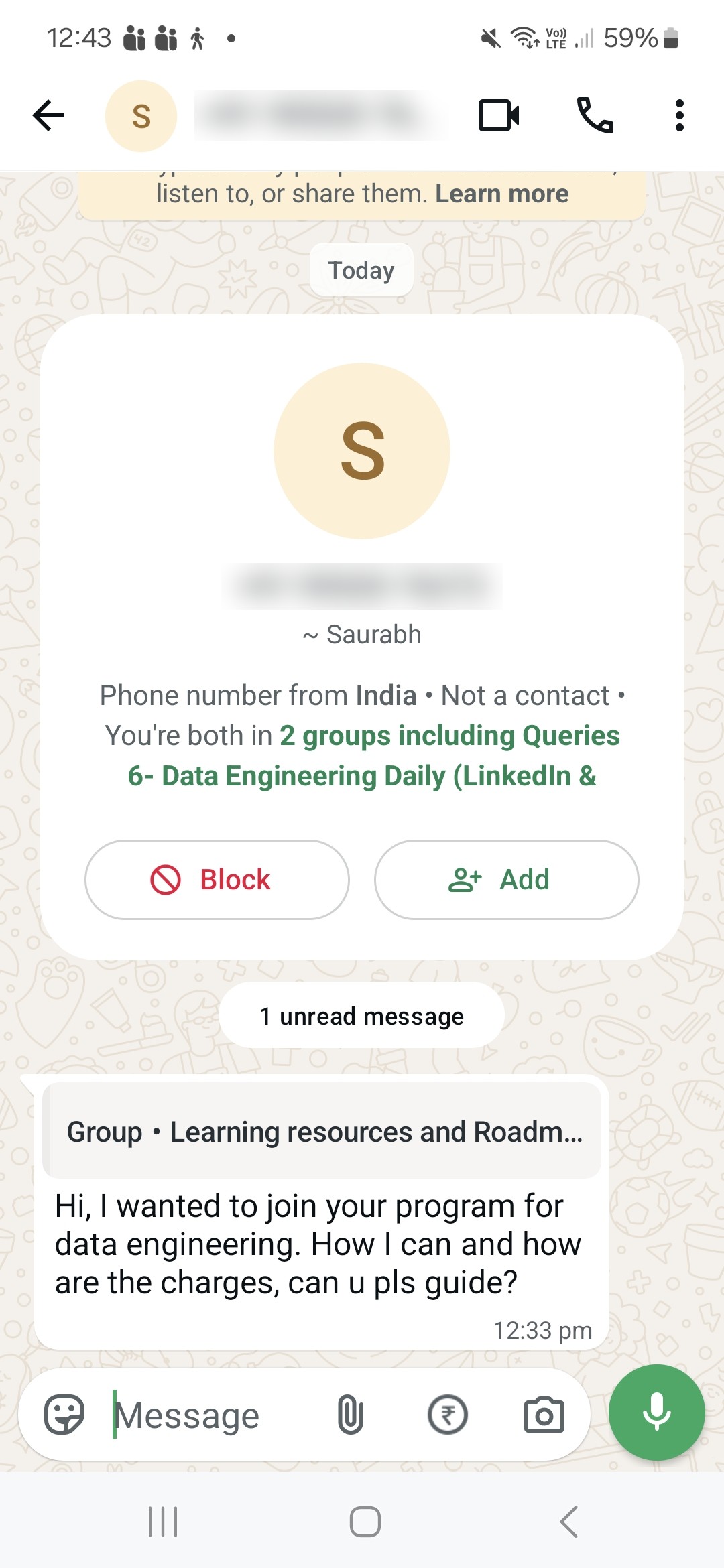 WhatsApp enquiry from a prospective student: Wants to join the program