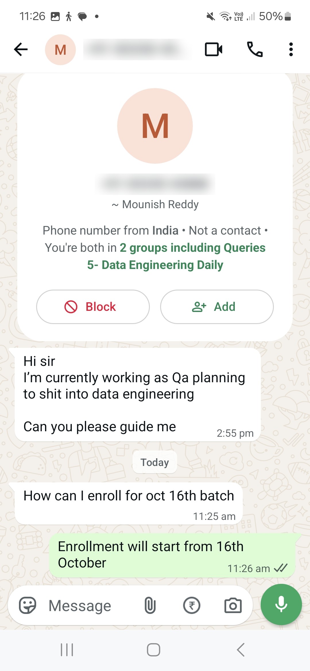 WhatsApp enquiry from a prospective student: QA → Data Engineering
