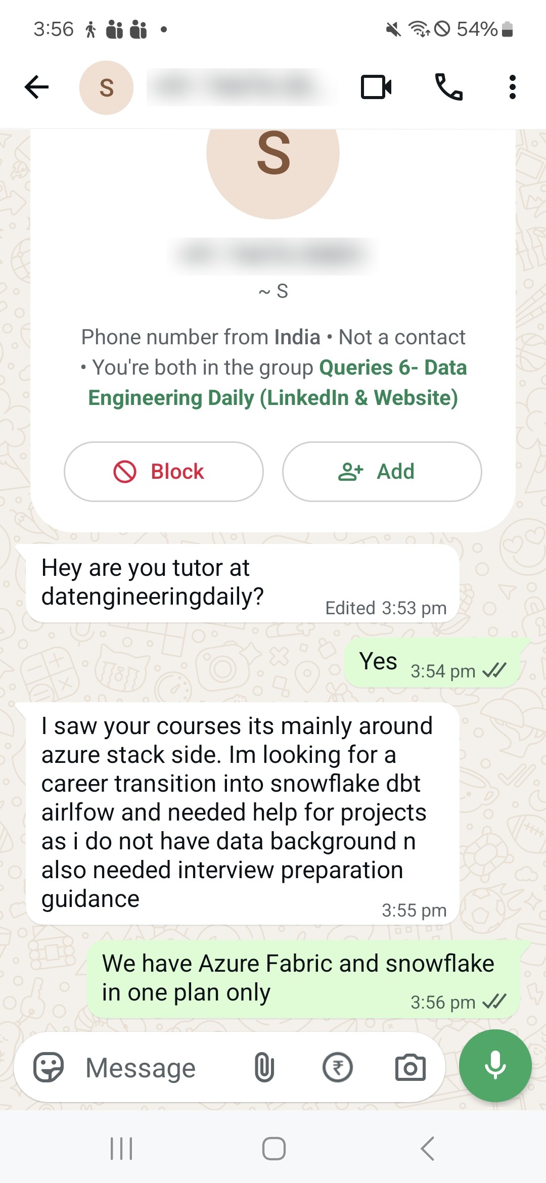 WhatsApp enquiry from a prospective student: Snowflake · dbt · Airflow