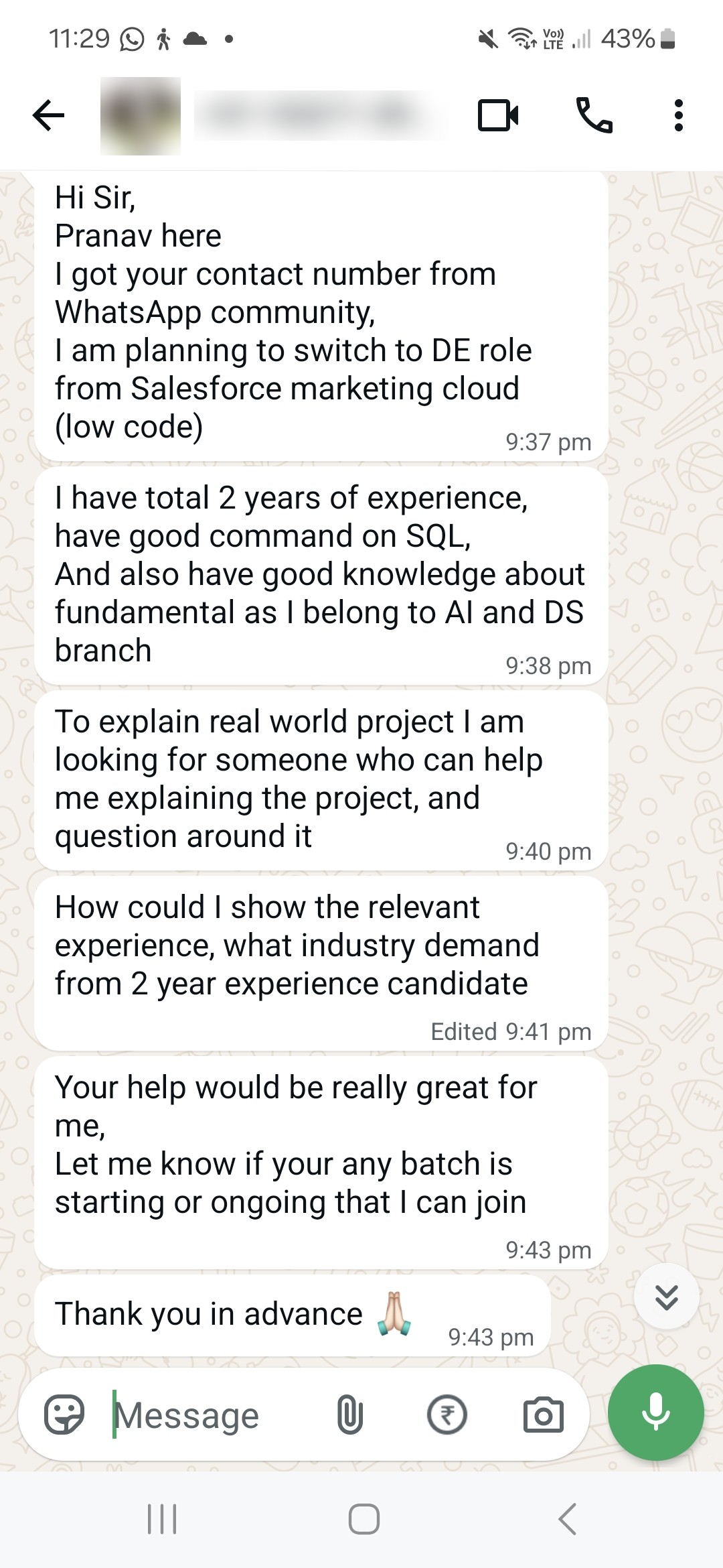 WhatsApp enquiry from a prospective student: Salesforce → Data Engineering