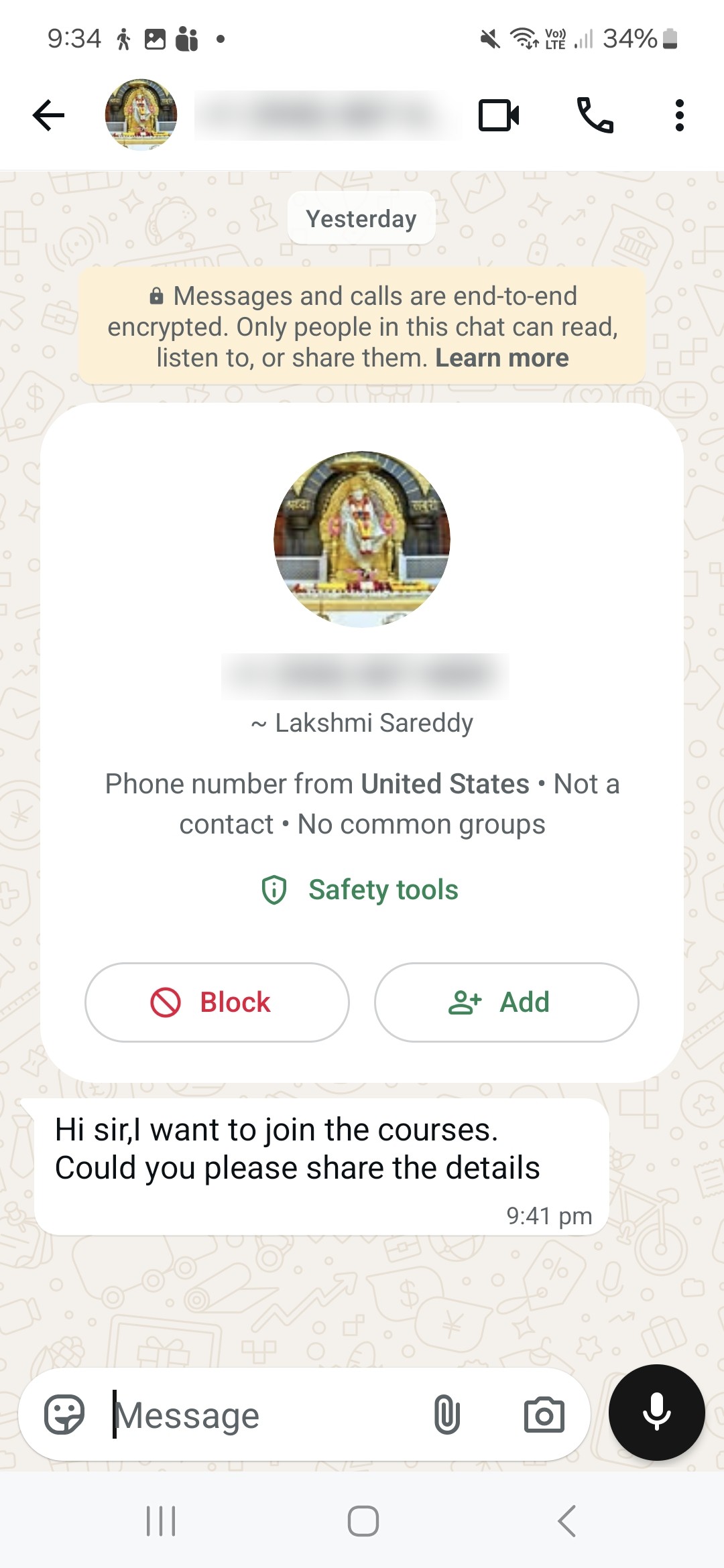 WhatsApp enquiry from a prospective student: Enquiry from the US