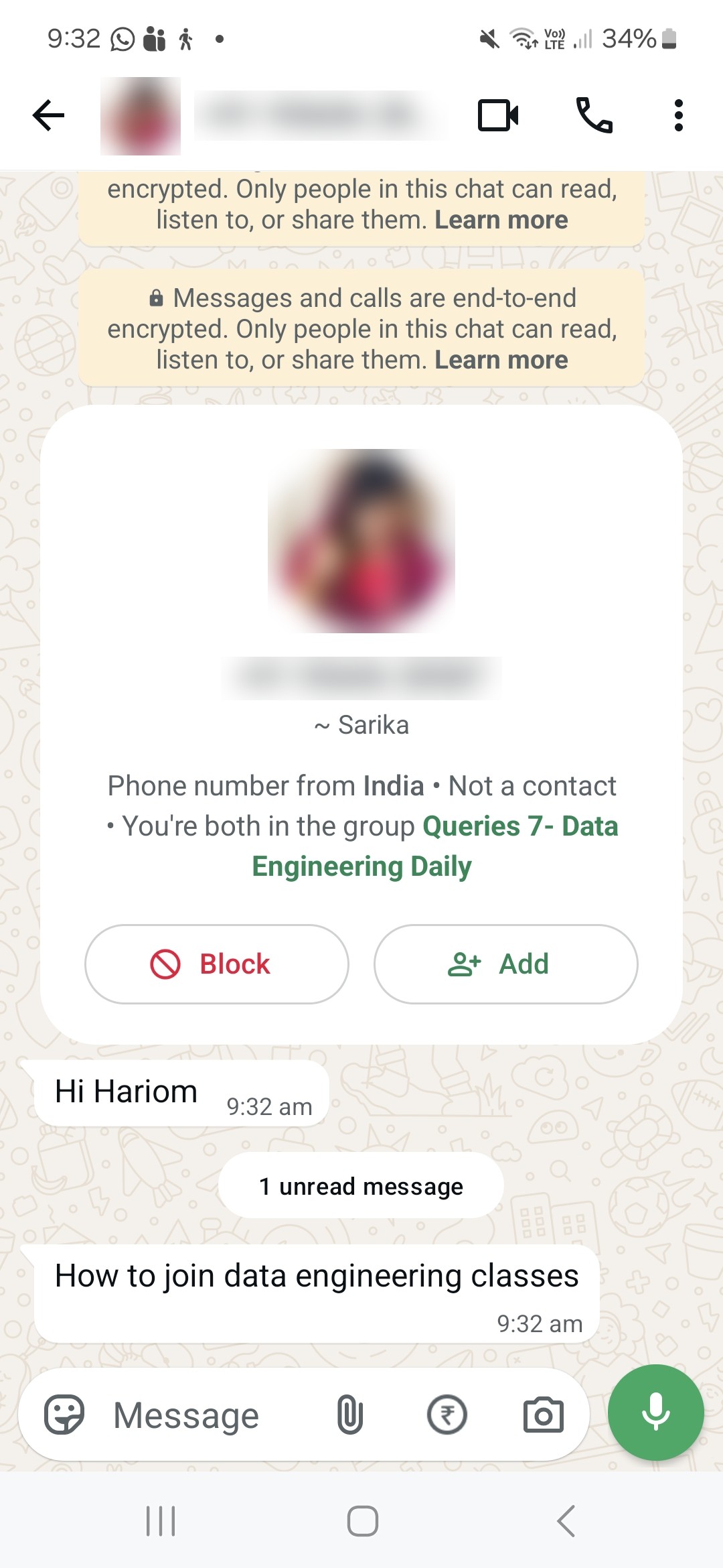 WhatsApp enquiry from a prospective student: How to join classes