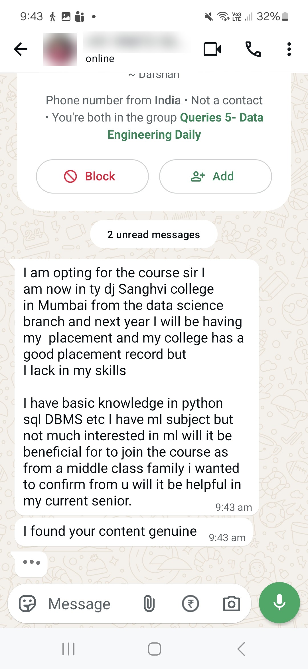 WhatsApp enquiry from a prospective student: Student preparing for placements