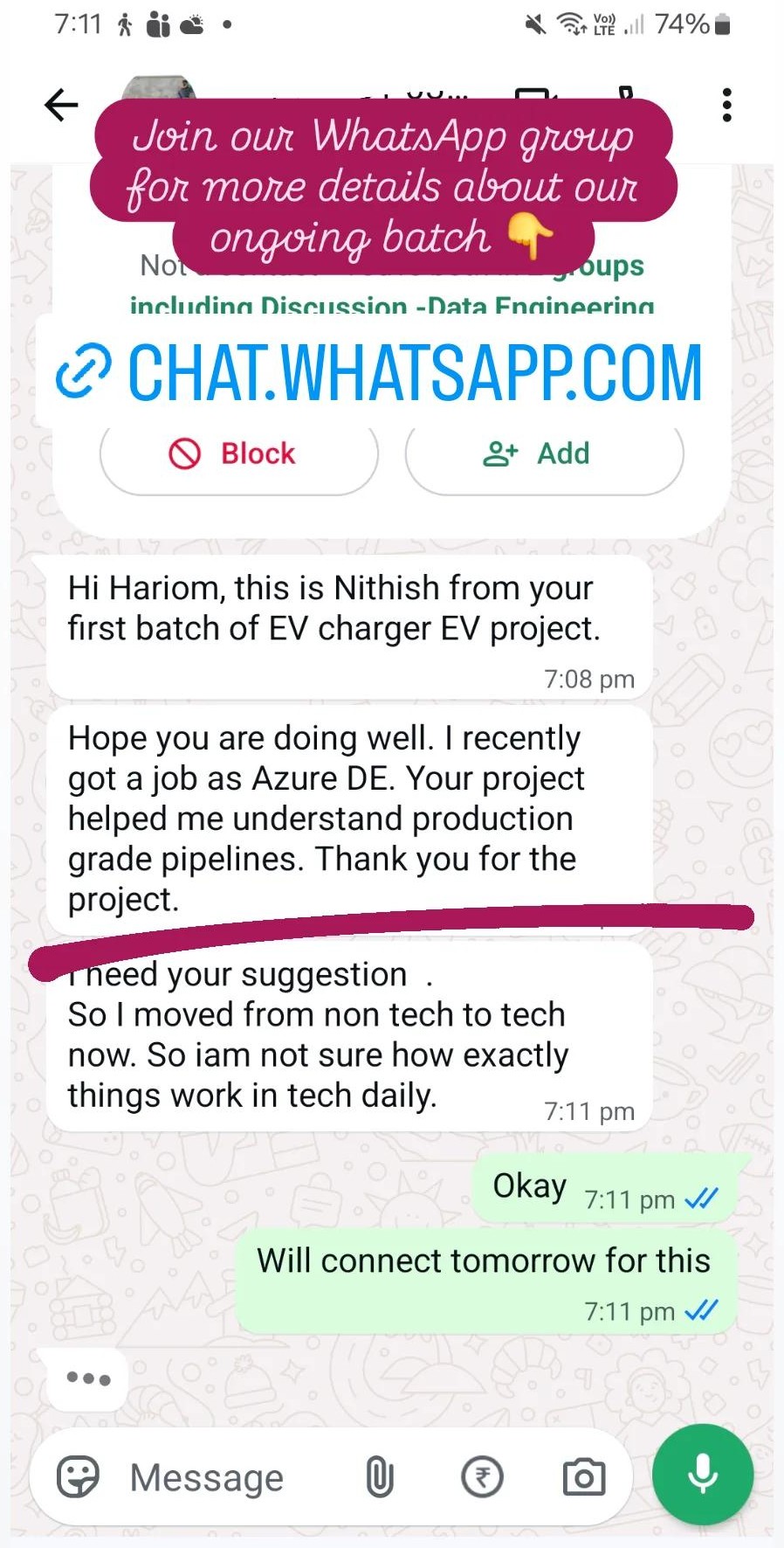 WhatsApp message from Nithish: got a job as Azure Data Engineer after the EV pipeline project