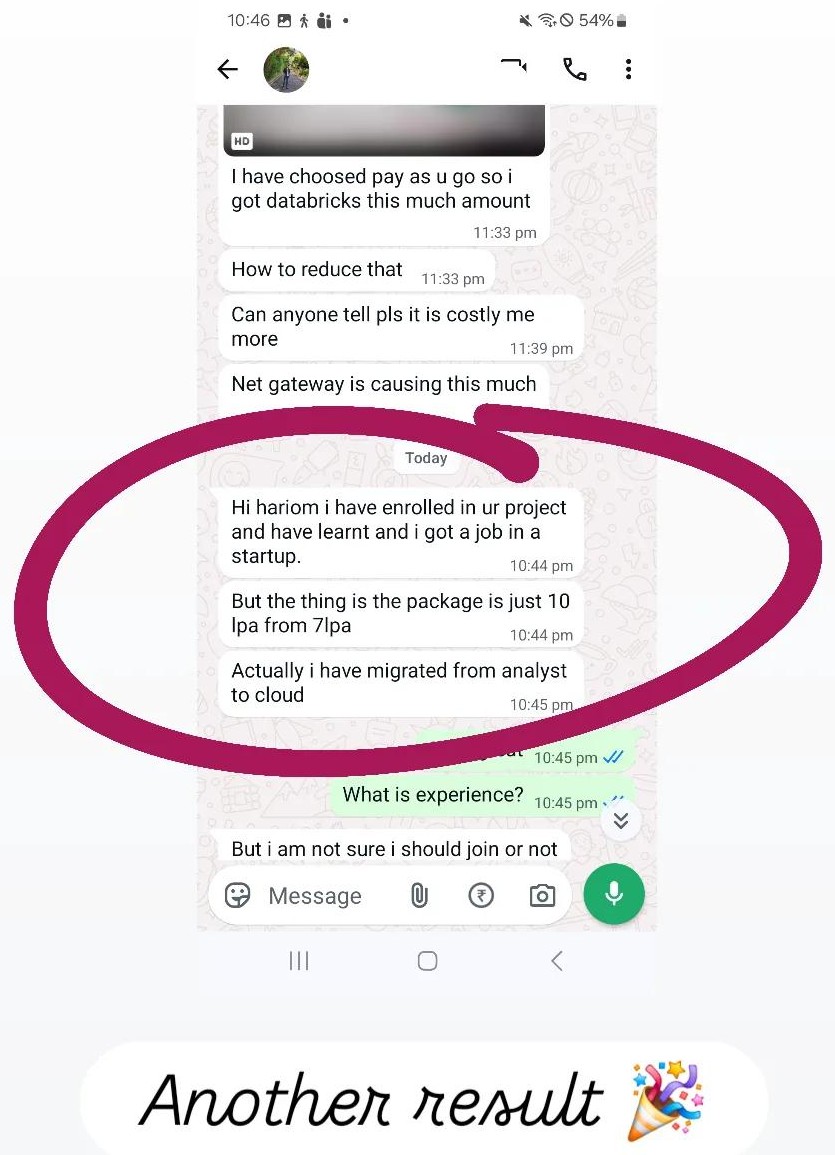 WhatsApp message: moved from analyst to cloud, package 7 LPA to 10 LPA at a startup