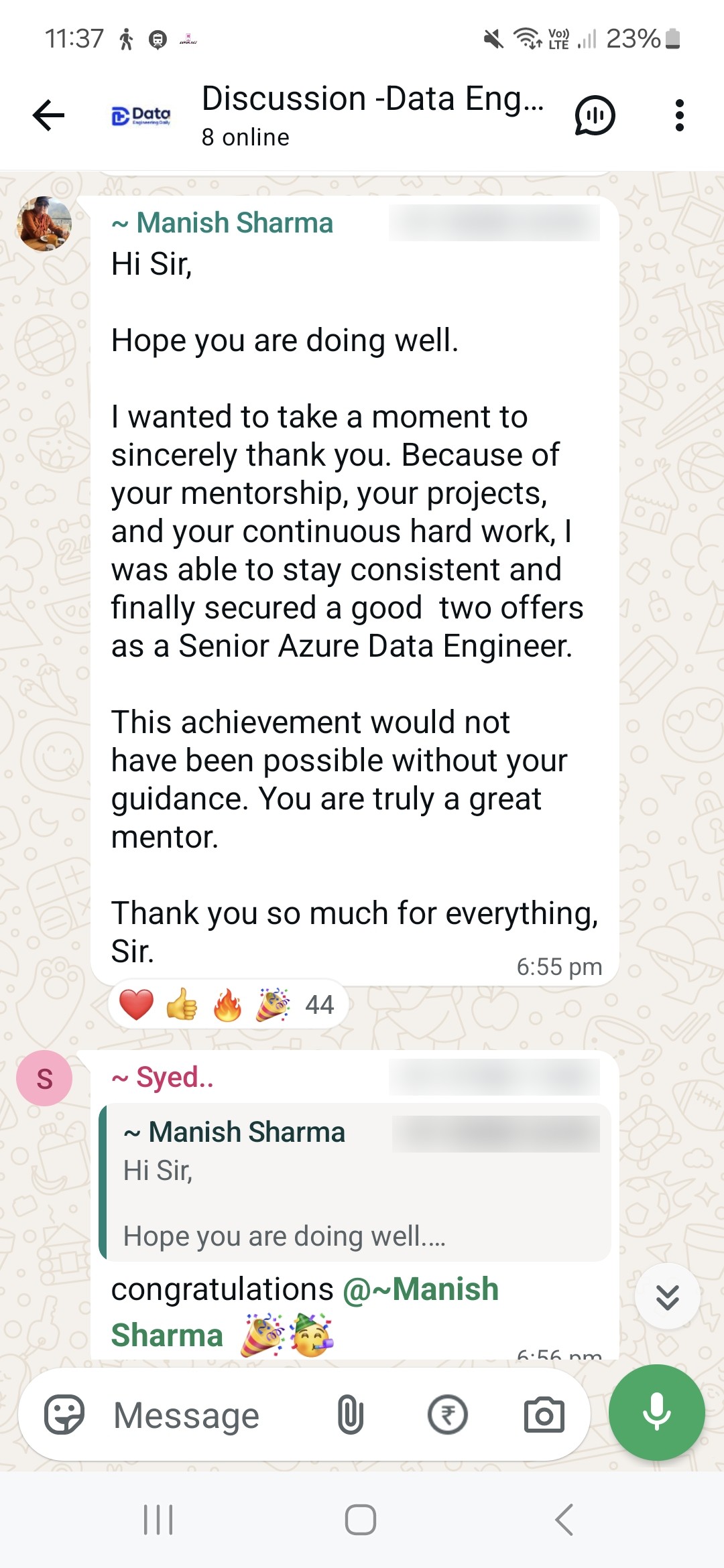 WhatsApp group message from Manish Sharma: secured two offers as Senior Azure Data Engineer