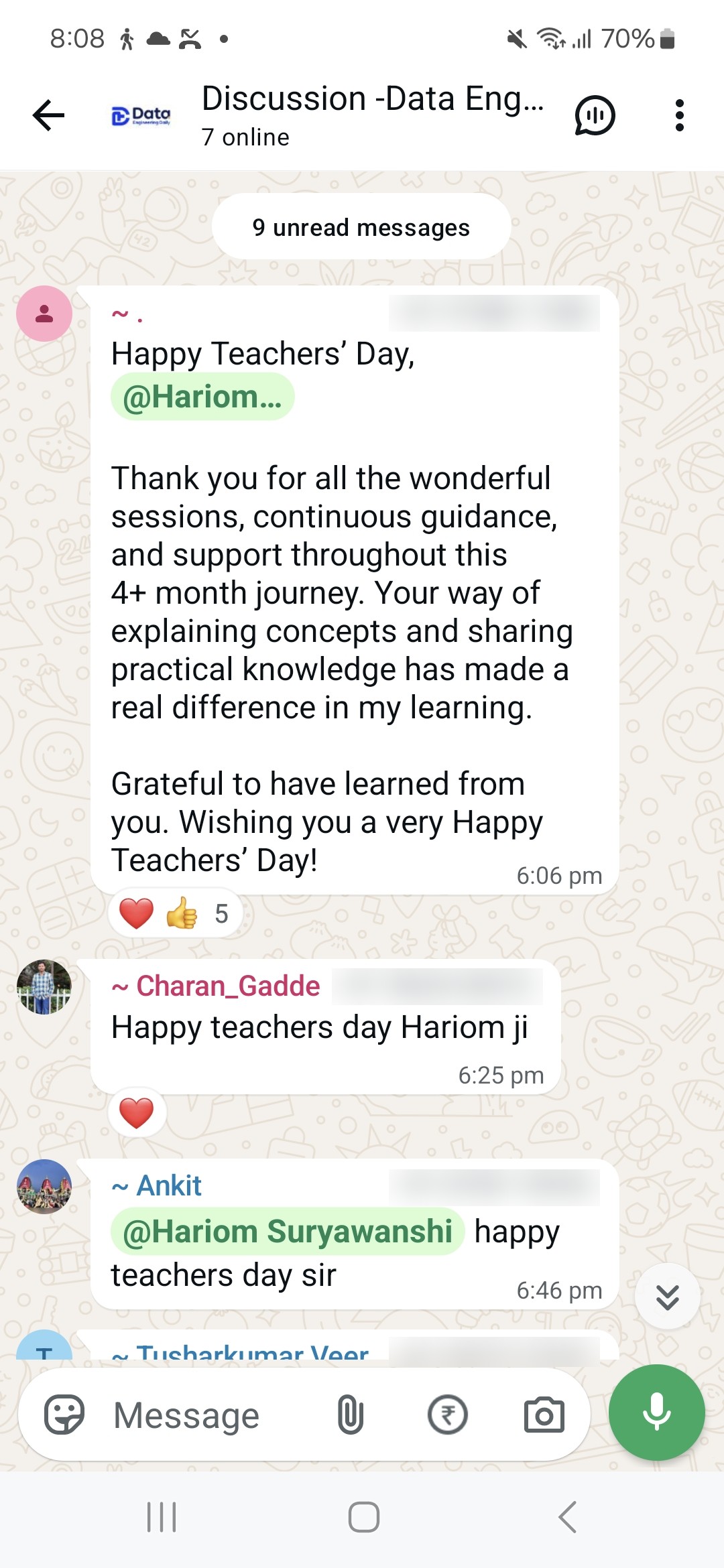 WhatsApp group Teachers' Day thank-you message about the 4+ month learning journey
